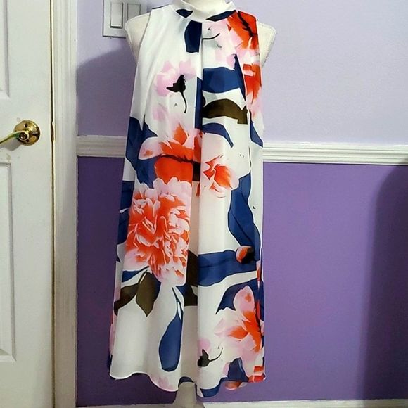 Signature Robbie Bee Off White Colorful Floral High Neck Shift Flowy Mini Dress - Picture 3 of 13